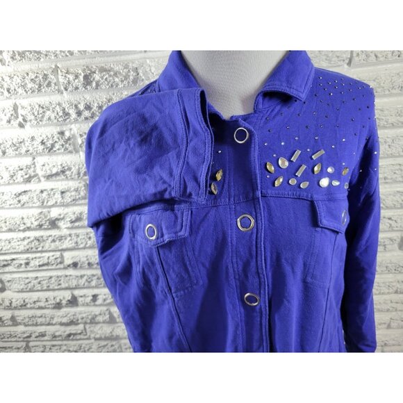 Onque Casual Womens Top 1X Plus Shirt Shacket Large Snaps Rhinestones BLU39E - Picture 6 of 10
